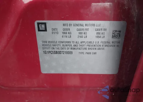 2013 Chevrolet Cruze 1Lt Auto из США, поврежденный, VIN 1G1PC5SB0D7218009